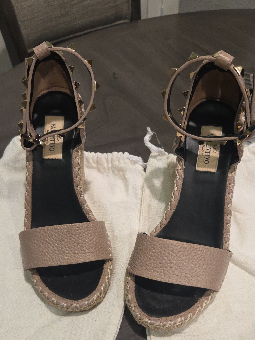 Valentino Beige Rockstud Espadrille Wedge Sandals